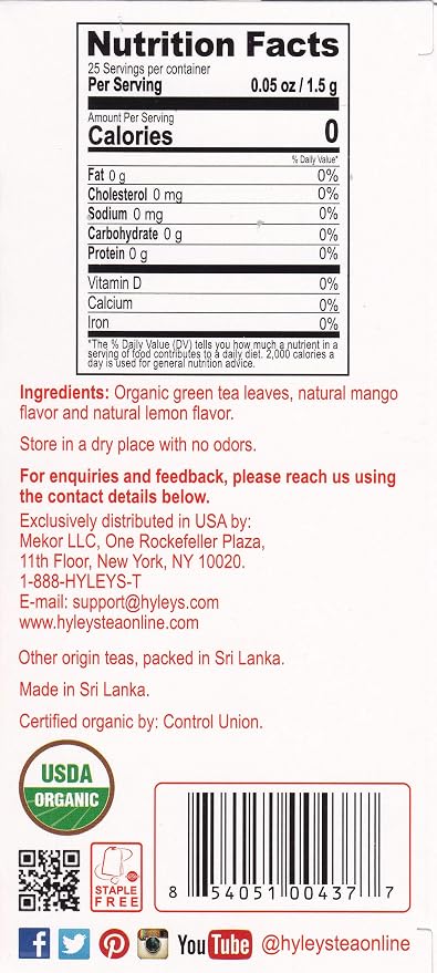 Hyleys Organic Green Tea Mango and Lemon Flavor - 25 Tea Bags (Pack of 2)
