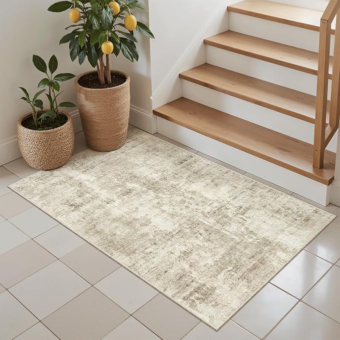 Soalmost 2x3 Abstract Washable Rugs for Kitchen, Small Area Rug Beige/Gray | Non-Slip Vintage Low Pile Throw Door Mat For Bathroom Entryway Laundry Room, Stain Resistant Indoor Entrance Floor Carpet