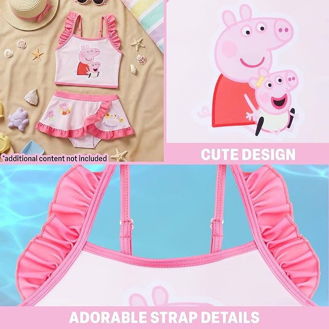 Paw Patrol | Hello Kitty | Peppa Pig Girls Swimsuit, Two Piece Bikini Top & Bottom Set, Bathing Suits with Adjustable Straps