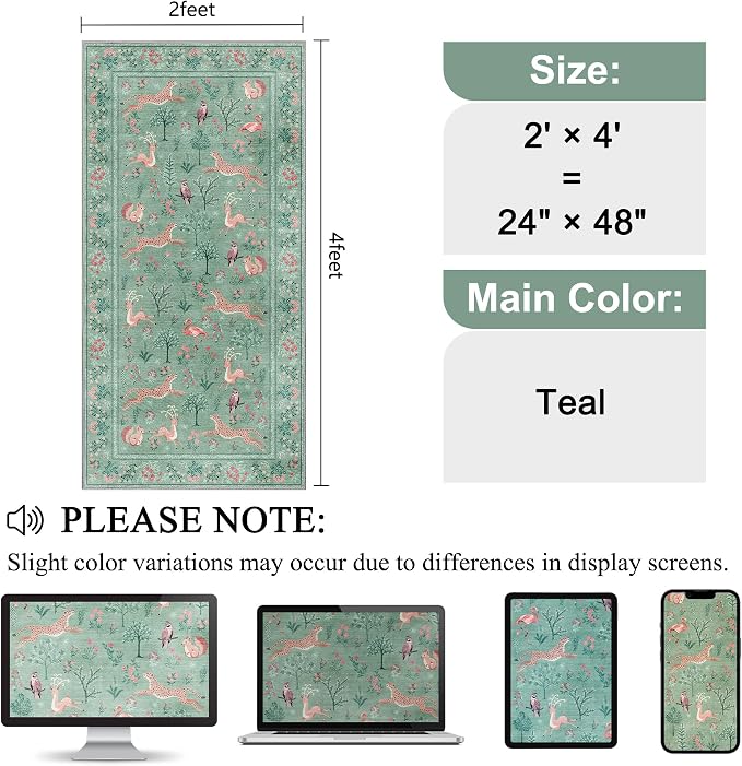 DUKINO 2x4 Rug for Entryway, Animal Washable Runner Rug for Kitchen, Teal | Non Slip, Low Pile, Stain Resistant Thin Indoor Carpet for Hallway, Bedroom, Bathroom, Laundry, Pet Friendly, Non-Shedding