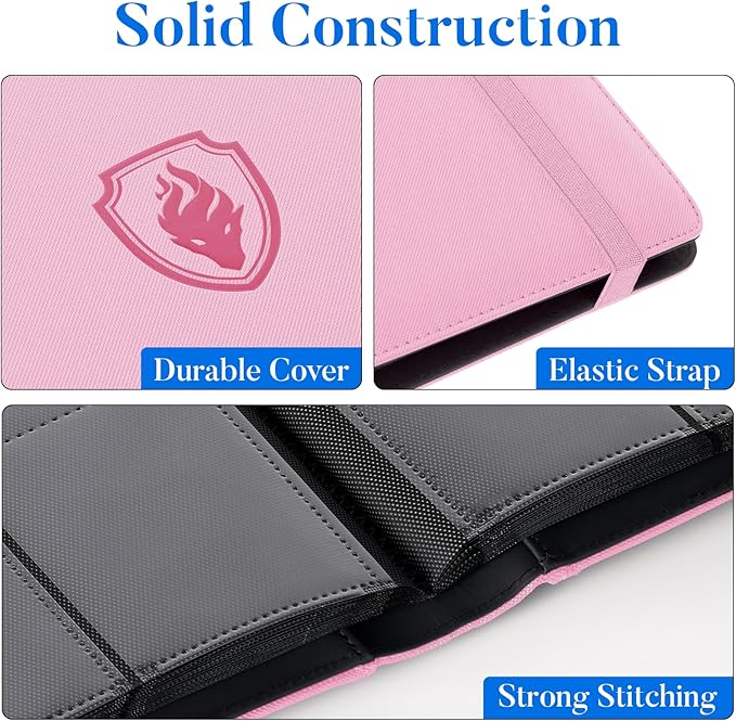 Premium 9 Pocket Card Binder for 540 Cards, Fabmaker PU Cover Trading Card Binder, Sturdy Card Collection Album, Sleek Card Holder Folders for Game Cards & Sports Cards, Pink