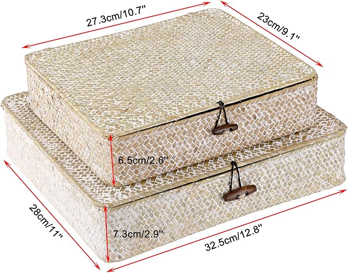 Hipiwe Set of 2 Flat Woven Wicker Basket Bins with Lid Natural Seagrass Box | Decorative Storage Basket Multipurpose Home Organizer Bins Boxes for Shelf Organizer (Whitewash)