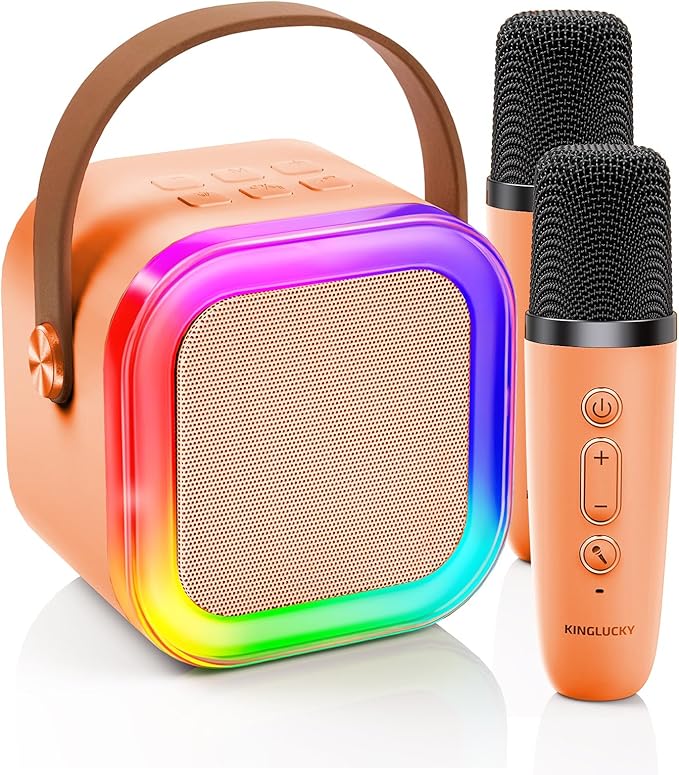 Kinglucky Mini Karaoke Machine for Kids, 2025 TOP Birthday Gifts Ideas for 3-12 Year Old Girls, Christmas Party Gifts Kids' Personal Video Players Accessories with 2 Wireless Microphones - Orange