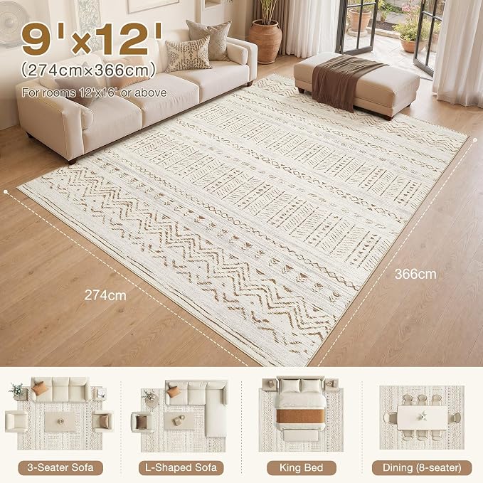 cotiled 9x12 Area Rugs Living Room Rug: Washable Boho Rugs with Non Slip Backing Large Soft Indoor Stain Resistant Carpet for Bedroom Farmhouse Dining Room Lightweight Home Decor Brown/Cream