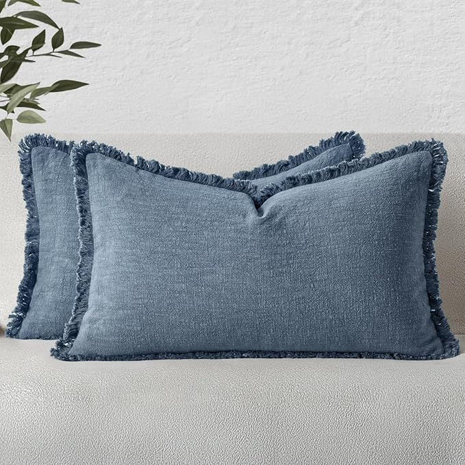 MIULEE Linen Fringe Decorative Lumbar Throw Pillow Covers Blue Ashes 12x20 | Set of 2, Cottagecore Decor, Boho Farmhouse Coastal Pillow Covers, Rustic Couch Cushion Cases for Sofa Bed Living Room