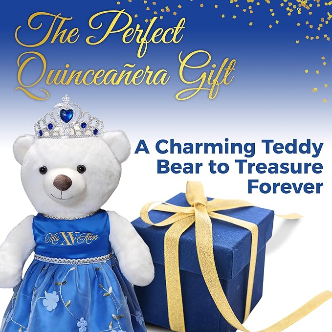Quinceañera Teddy Bear 18-inches Tall with Dress for 15th Birthday, Quince Bear with Matching Crown, Ideal Keepsake for 15th Birthday, Mis XV Años - Dark Blue