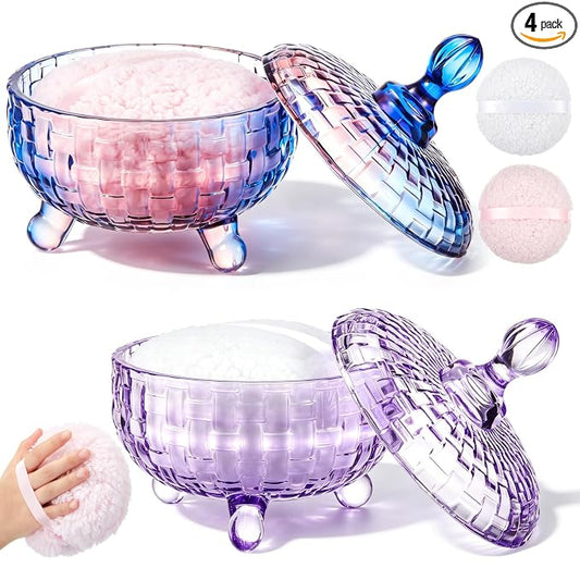 Tioncy 2 Set Extra Large Body Powder Puff and Container, 6'' Washable Vintage Decorative Crystal Powder & Container Gift for Bathroom Counter & Feminine Vanity Decor(Weave Design,Gradient and Purple)