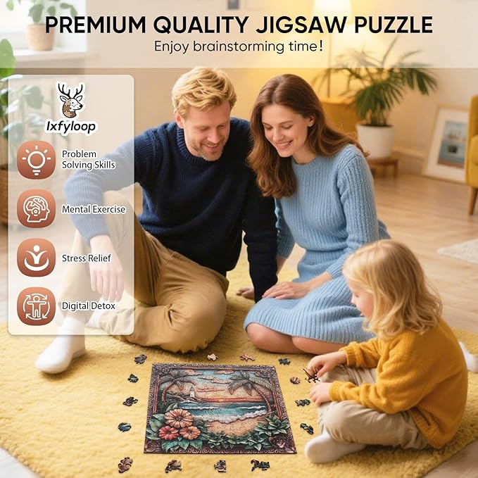 Ixfyloop Wooden Puzzles for Adults 500 Pieces, Lighthouse Wooden Jigsaw Puzzles, Seaside Dusk Adult Puzzles Wooden Toys Home Decor Gift Family Brain Game for Men Women Elders Seniors, 15.9x15.9 inch