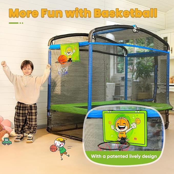 Zupapa Rectangle Kids Trampoline 6FT with Basketball Hoop, and Safety Net - Indoor/Outdoor Heavy-Duty Square Trampoline for Toddlers Ages 3-6, 220LBS Capacity