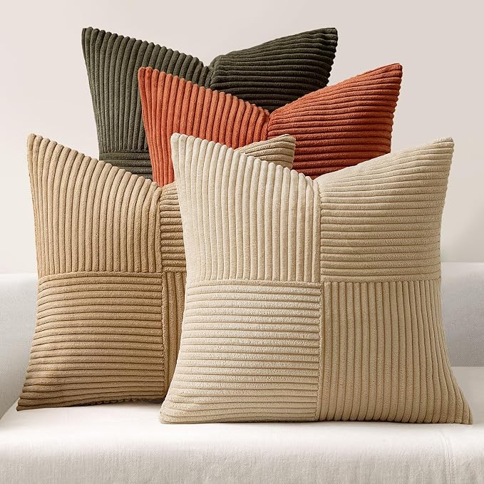 MIULEE Rust-Olive Green Decorative Throw Pillow Covers 18x18 Inch Set of 4 Boho Color-Clash Cushion Cases Farmhouse Pillow Cases Corduroy Striped Home Decor for Couch Sofa Living Room Bed