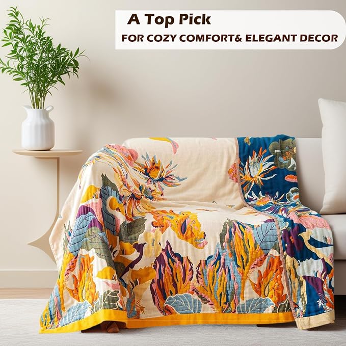 VANJOROY Boho Throw Blanket 100% Organic Cotton 60x80 for Bed Couch, Floral | Cozy Ultra soft, Breathable, Skin-friendly Lightweight,Butterfly Farmhouse Design,Summer Beige Quilt Chair Throw for Gifts