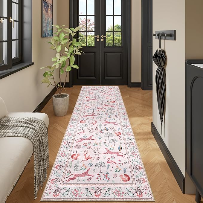 DUKINO 2x6 Runner Rug, Washable Animal Kitchen Rugs Non Slip, Pink | Soft, Low Pile, Stain Resistant Indoor Carpet for Hallway, Entryway, Bedroom, Bathroom, Laundry,Pet Friendly, Lightweight