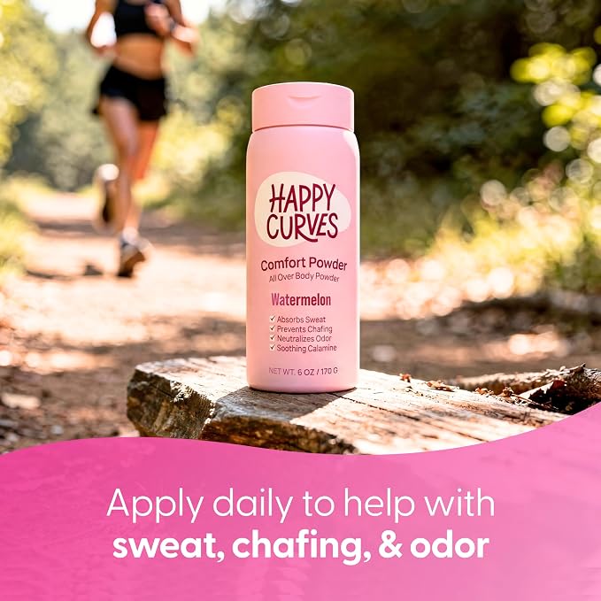 HAPPY CURVES Comfort Powder: Talc Free Anti Chafe Body & Foot Dusting Powder Deodorant to Control Inner Thigh Chafing, and Private Areas 6oz (Pack of 1) - Watermelon
