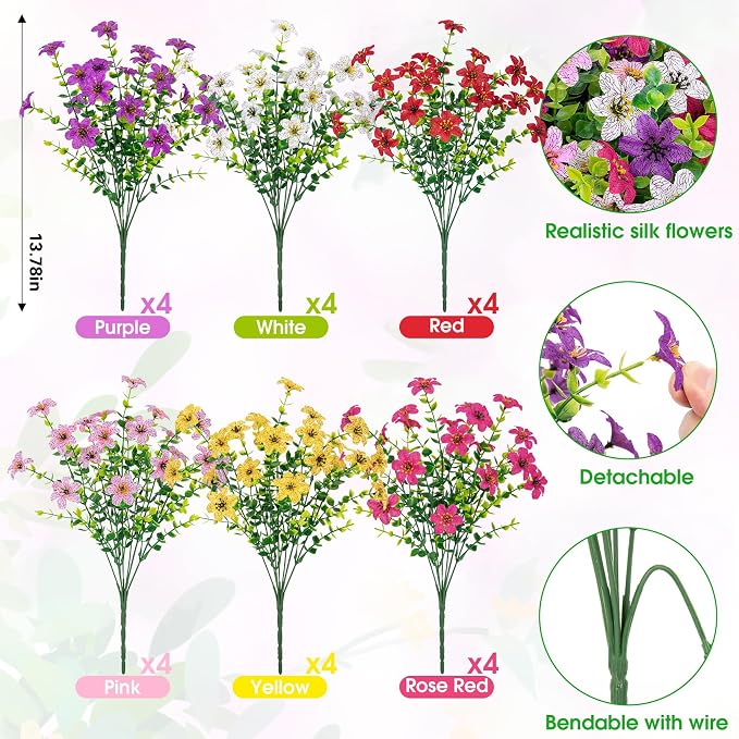 Ouddy Decor 24 Pcs Artificial Flowers for Outdoors Decoration, Multicolor | Fake silk flowers, UV resistant, faux plastic plant, for summer porch garden yard planter wedding indoor outdoor home decor