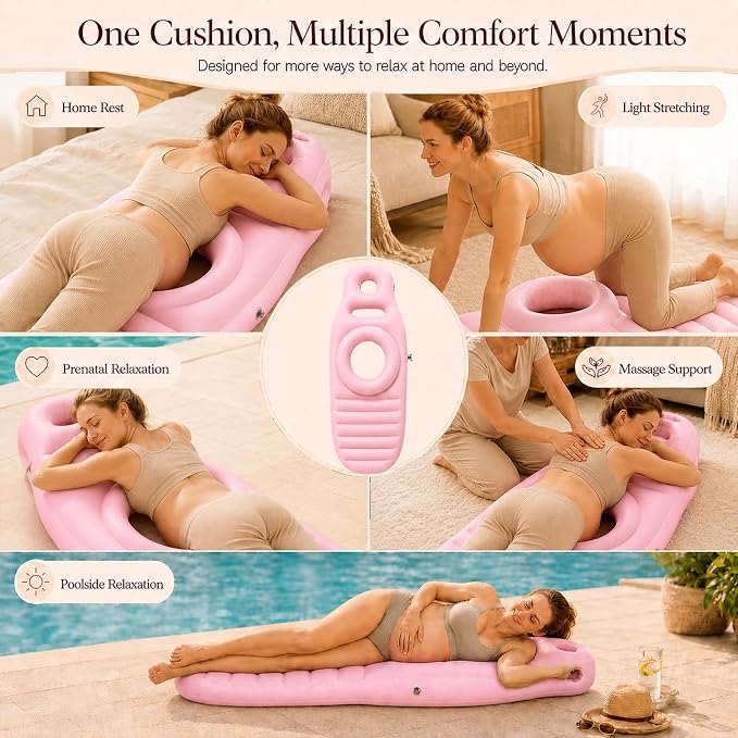 Inflatable Pregnancy Pillow, Full Body Ergonomic Maternity Air Bed with Belly Space for Prone Comfort & Better Sleep, Back & Hip Relief, Ideal for Bedroom, Living Room, Pool, Massage & Spa (Pink)