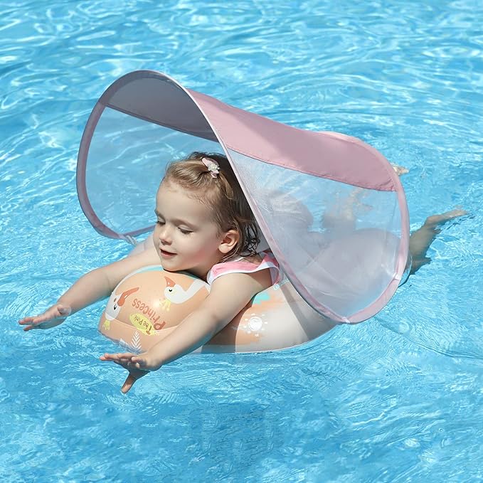 Free Swimming Baby Inflatable Baby Swim Float with Sun Canopy Size Improved Infant Pool Floaties Swimming Pool Toys for The Age of 3-36 Months (Pink, Small)
