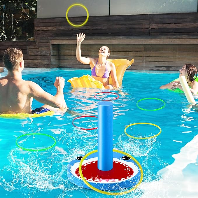 Hiboom Pool Ring Toss Games Toys, Swimming Pool Games for Adults and Family with 6 Pcs Throwing Rings, Water Foam Toss Float Toys for Summer Outdoor, Beach, Yard, Party(Shark)