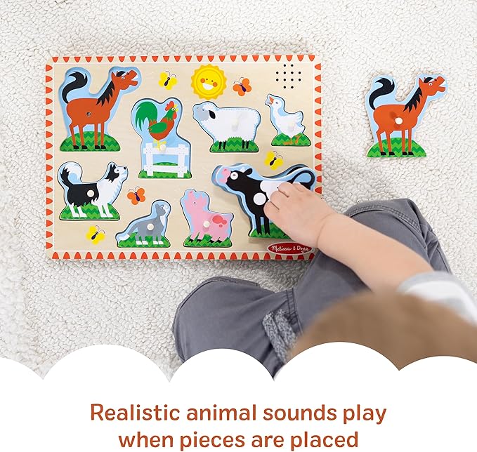 Melissa & Doug Farm Animals Sound Puzzle – 8-Piece Wooden Peg Puzzle with Light-Activated Sounds, Music Learning Toy for Toddlers and Preschoolers Ages 2+