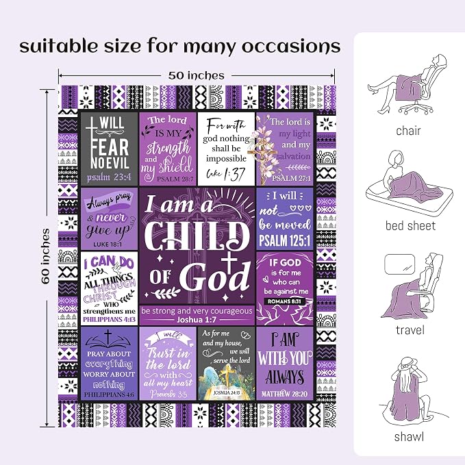 Christian Gifts for Women, Baptism Gifts for Girl, Religious Gift for Women, Christian Gift for Birthday Christmas Mothers Day - I Am A Child of God Purple Blanket（50 * 60in）