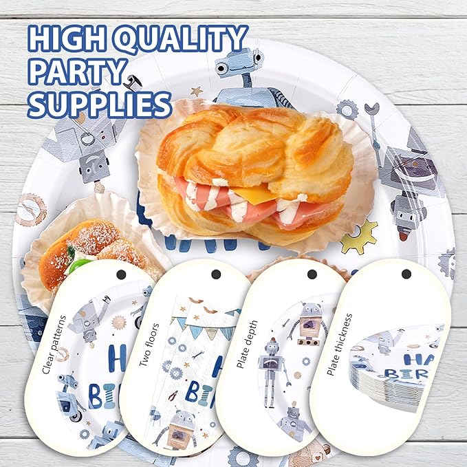96Pcs Robot Birthday Party Decorations Happy Robot Birthday Plates and Napkins Tableware Set Blue Robots Shape Themed Decorations Favors for Boys Kids Baby Shower Gender Reveal Supplies Serves 24