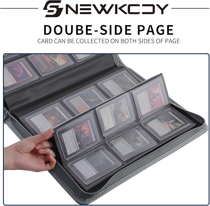Snekdy Top loader Binder, 9 Pockets Top Loader，Holds 360 Top Loaders cards, Card binder with Sleeves for card in 3 x 4 inches color smooth Zipper PU Leather (Light Grey)