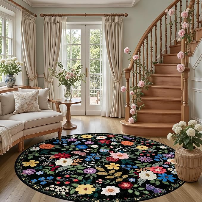 Round Area Rug for Living Room: 6 ft Floral Washable Circle Rug Soft Boho Non-Slip Carpet Indoor Stain Resistant Low Pile Small Circular Rug for Bedroom Entryway Kitchen Nursery Home Office Black