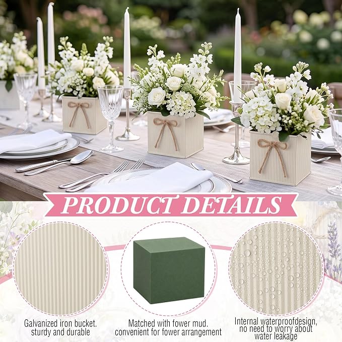 12 Pack Galvanized Square Vases with Floral Foam, 3.5 inch Waterproof Rustic Tin Buckets with Twine Bows, Mini Farmhouse Metal Planter Centerpieces for Wedding Party Table Decor (Beige)