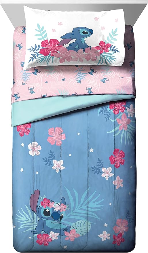 Jay Franco Disney Lilo & Stitch Twin Comforter Set, 5 Piece Bed in a Bag Includes Reversible Comforter & Sheet Set - Kids Bedding for Girls - Soft Fade Resistant Microfiber