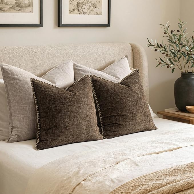 MIULEE Decorative Couch Throw Pillow Covers 18x18 Inch Brown 2 Pack | Farmhouse Pillow Covers with Stitched Edge, Soft Chenille Cushion Cases, for Sofa Bed Living Room Home Decor
