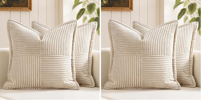 MIULEE Decorative Throw Pillow Covers for Couch Bed Livingroom 18x18 Inch Set of 2 Beige Boho Accent Throw Pllows Broadside Striped Patchwork Soft Corduroy Pillowcases (Pack of 2)
