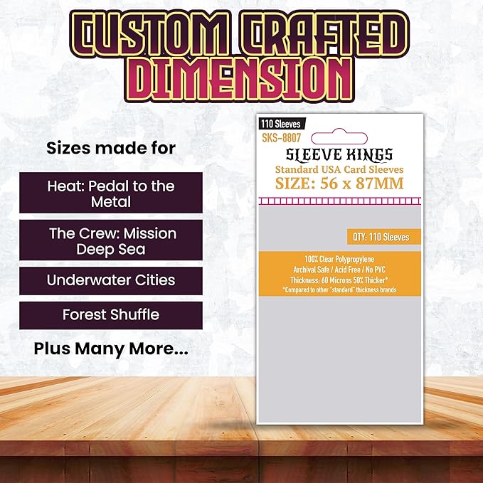Sleeve Kings Standard Card Sleeves – 110 Count, Clear 60 Micron Thickness, Medium USA Size (56 x 87 mm), Compatible with Heat: Pedal to the Metal & More – SKU: SKS-8807