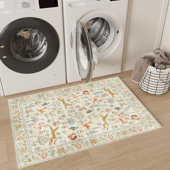 DUKINO 2x3 Entryway Rug, Washable Door Mat Animal Rug for Kitchen, Beige | Non Slip, Low Pile, Soft Indoor Small Rug for Entrance, Bedroom, Bathroom, Laundry, Pet Friendly, Lightweight, Non-Shedding