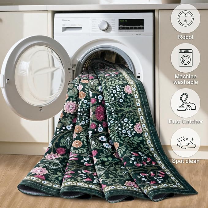 Runner Rug for Entryway: 2.6x14 Kitchen Rugs Non Slip Washable Ultra-Thin Soft Floral Carpet Indoor Floor Stain Resistant Carpets for Hallway Bedroom Kitchen Laundry Bathroom Dorm Dark Green