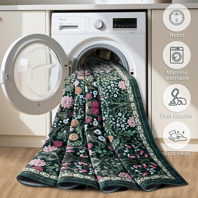 Runner Rug for Entryway: 3x10 Kitchen Rugs Non Slip Washable Ultra-Thin Soft Floral Carpet Indoor Floor Stain Resistant Carpets for Hallway Bedroom Kitchen Laundry Bathroom Dorm Dark Green