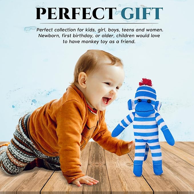 Plushland Adorable Sock Monkey, The Original Traditional Hand Knitted Stuffed Animal Toy Gift-for Kids, Babies, Teens, Girls and Boys Baby Doll Present Puppet (16'' Blue)