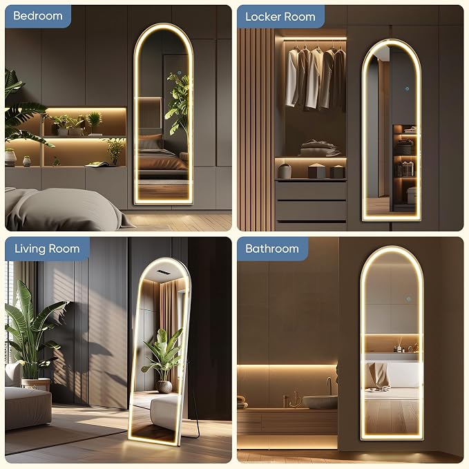 OLIXIS Arched Full Length Mirror with Lights, 20"x 63" | Lighted Floor Full Body Mirror with 3 Color Lighting, Wall Mounted Mirrors for Bedroom, Entryway with Tempered Glass