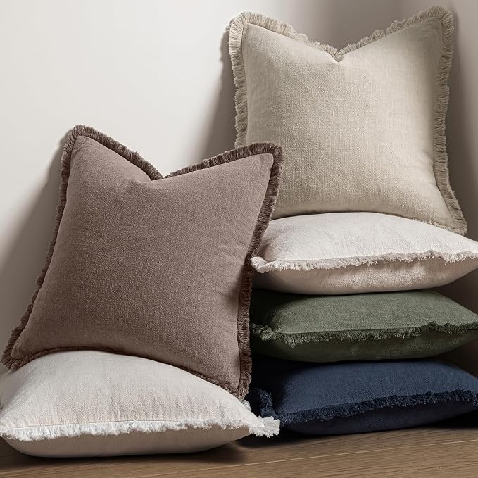 MIULEE Linen Fringe Decorative Fall Throw Pillow Covers Malt Ball 18x18 | Set of 2, Cottagecore Decor, Boho Farmhouse Neutral Pillow Covers, Rustic Fall Couch Cushion Cases for Sofa Bed Living Room