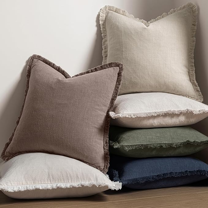 MIULEE Linen Fringe Decorative Fall Euro Pillow Covers Malt Ball 22x22 | Set of 2, Cottagecore Decor, Boho Farmhouse Neutral Throw Pillow Covers, Rustic Fall Couch Cushions for Sofa Bed Living Room