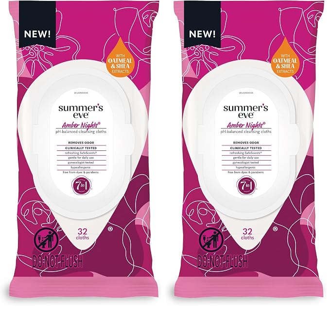 Summer's Eve Amber Nights Daily Refreshing Feminine Wipes, Removes Odor, pH Balanced, 32 count (Pack of 2)
