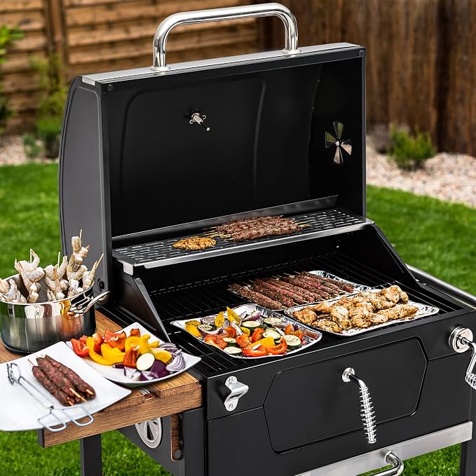 Royal Gourmet CD1824M 24-Inch Charcoal Grill, BBQ Smoker with Handle and Folding Table, Perfect for Outdoor Patio, Garden and Backyard Grilling, Black, Medium | BBQ Smoker Perfect for Outdoor Patio, Garden and Backyard Grilling, Black, Medium