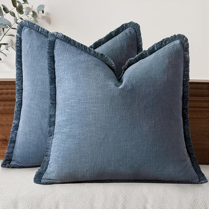 MIULEE Linen Fringe Decorative Euro Throw Pillow Covers Blue Ashes 28x28 | Set of 2, Cottagecore Decor, Boho Farmhouse Coastal Pillow Covers, Rustic Couch Cushion Cases for Sofa Bed Living Room