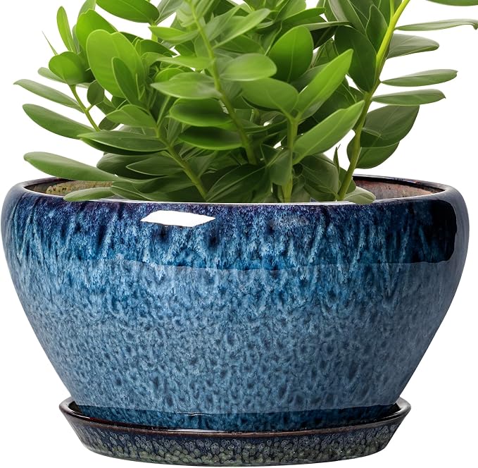 Ceramicfor Ceramic Planter 11 Inch - Ceramic Pots for Plants Indoor Outdoor, Large Plant Pot with Drainage Hole and Saucer, Decorative Round Planter, Plant Lover Gifts, Garden Decor, Blue