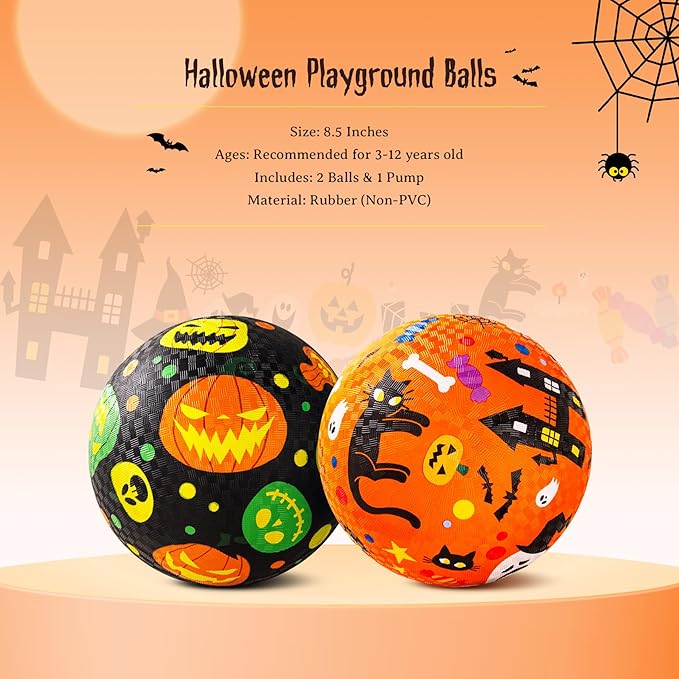 ZOOJOY Pack of 2 Cartoon Playground Balls, Halloween Balls for Toddler 3-12, 8.5" Rubber Ball Bouncy Kickball, Indoor & Outdoor Game Toys for Boys Girls with Pump