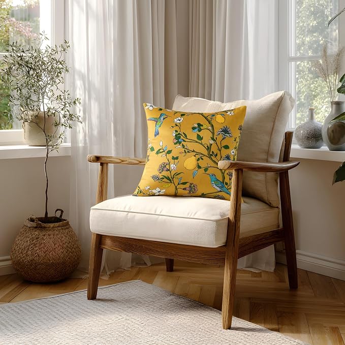 MUSSEL Yellow Velvet Floral Decorative 20x20 Pillow Covers Set of 2 | Soft Durable and Sturdy,Bird Plant,Throw Pillows Case,Square,Colorful Farmhouse Cushion Covers,Home Sofa Bed Couch Decor