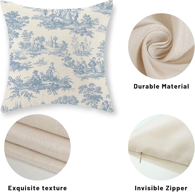 French Country Pillow Covers 20x20 Set of 2 Vintage Baby Blue Toile Throw Pillows Outdoor French Country Decorative Pillowcase Rustic Cottage Farmhouse Cushion Case for Couch Living Room Decor