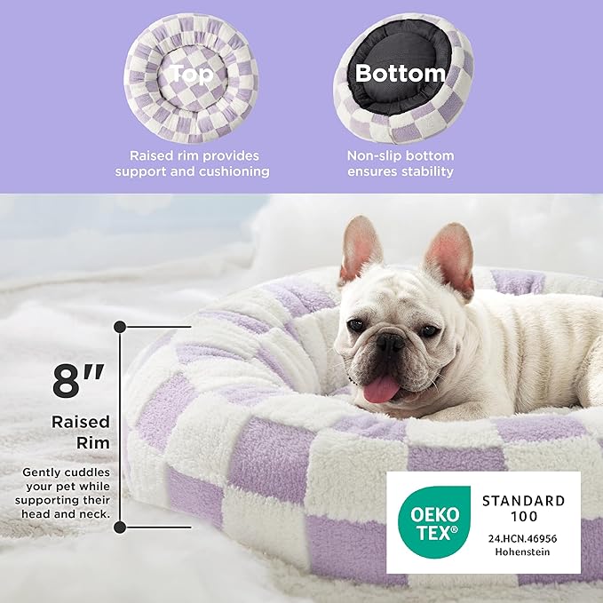 Lesure Donut Medium Dog Bed - Round Cat Beds for Indoor Cats Calming Pet Beds, Cute Modern Beds with Jacquard Shaggy Plush & Anti Slip Bottom, 30 Inch, Purple