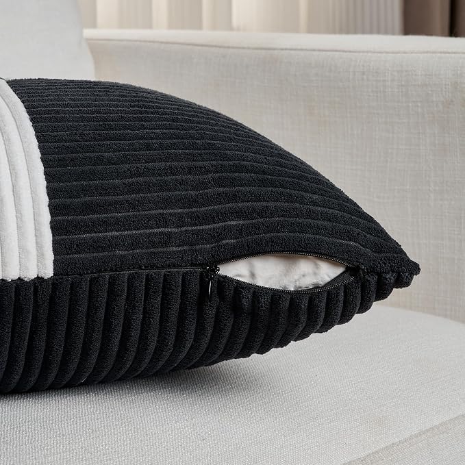 Fancy Homi Set of 2 Black White Euro Decorative Throw Pillow Covers 26x26 Inch for Bedroom Couch Bed, Farmhouse Boho Home Decor, Soft Cross Corduroy Patchwork Textured Square Cushion Case 66x66 cm