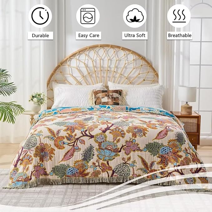 Boho Throw Blanket Farmhouse Decor Throw Blanket Bohemian Blanket for Bed 100% Cotton Muslin Woven Couch Blanket All Seasons Quilt Bedroom (E-Beige, 50"x60")