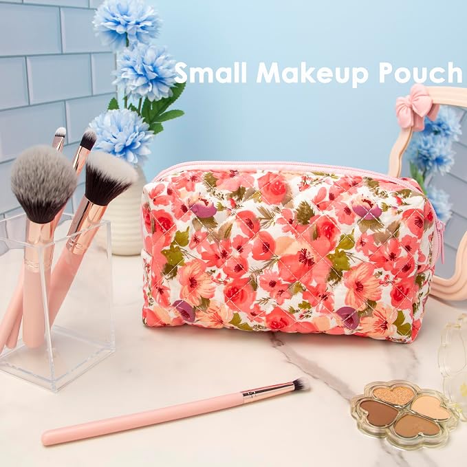 PAZIMIIK Small Quilted Makeup Bag,Zipper Cosmetic Pouch,Floral Red | Lightweight Cosmetic Bag Organizer for Women,Purse Storage Holds Makeup,Toiletries,Skincare,Beauty Essentials,Travel Items