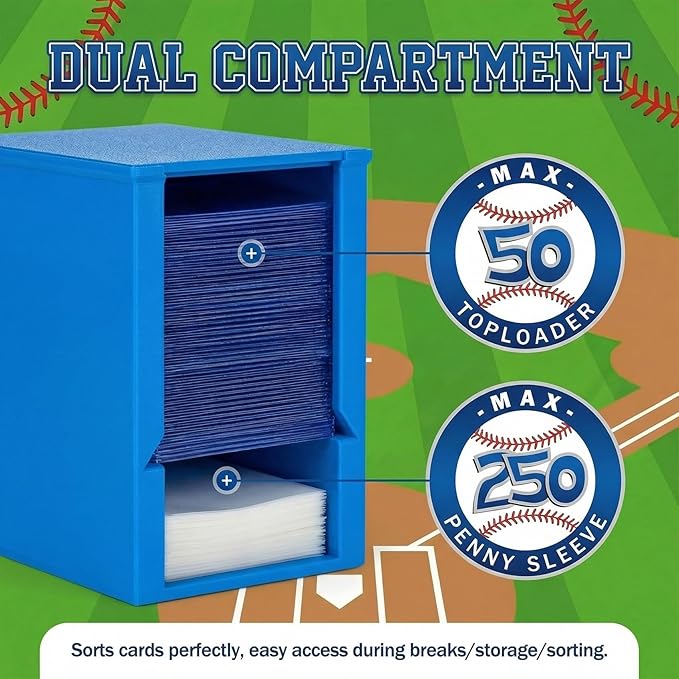 Toploader Dispenser & Penny Sleeve Holder - Dual Compartment Holds 250 Penny Sleeves & up to 50 Top Loaders, Stackable Card Storage Box with Dustproof Lid (Blue)